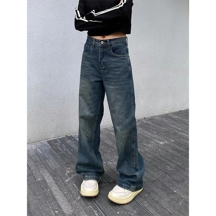 ins美式复古水洗vibe牛仔裤男女高街宽松情侣直筒拖地情侣长裤子