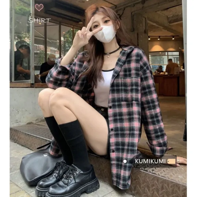 港味复古长袖防晒衬衣女秋季慵懒风休闲宽松显瘦格子衬衫外套上衣