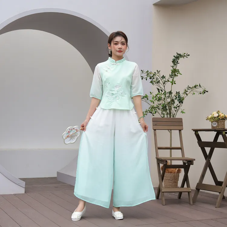 夏季新款大码女装中国风改良旗袍上衣重工刺绣裤裙新中式气质日常