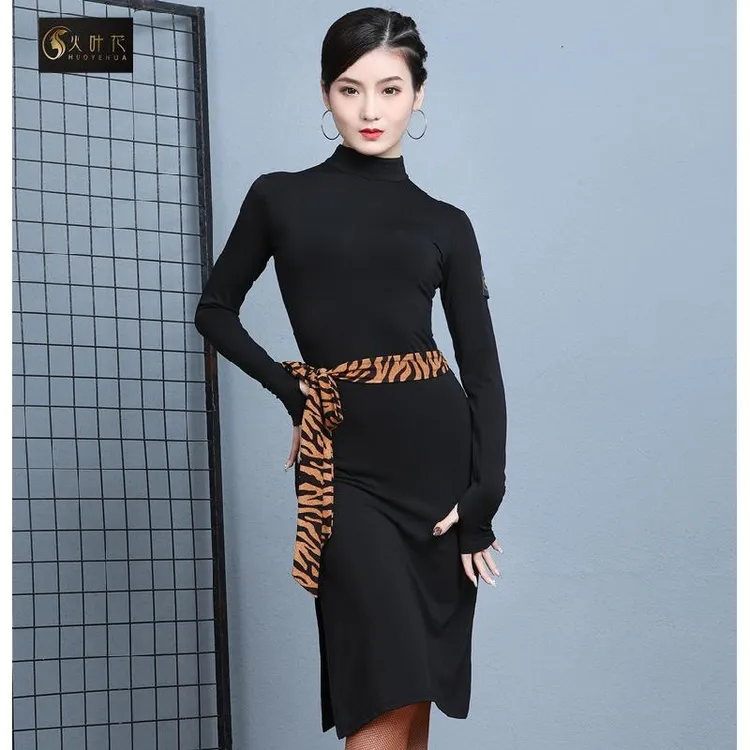 火叶花拉丁舞练功服新款高领专业训练服女成人长袖显瘦春秋连衣裙