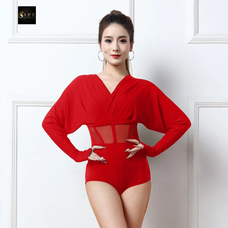 火叶花拉丁舞服装成人女款套夏季连体上衣蝙蝠袖摩登舞蹈练功V领