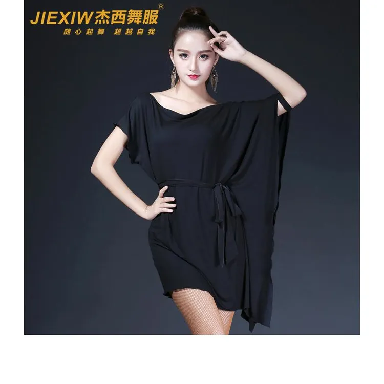 火叶花夏季舞蹈练功服宽松拉丁舞服女成人新款蝙蝠袖一字领连衣裙