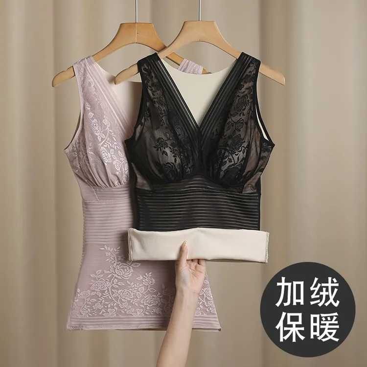 秋冬季保暖收腹背心女内搭加绒加厚文胸一体式带胸垫修身美体内衣