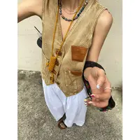 没了 欣赏-重工砂洗加立裁拼皮复古牛仔马甲！