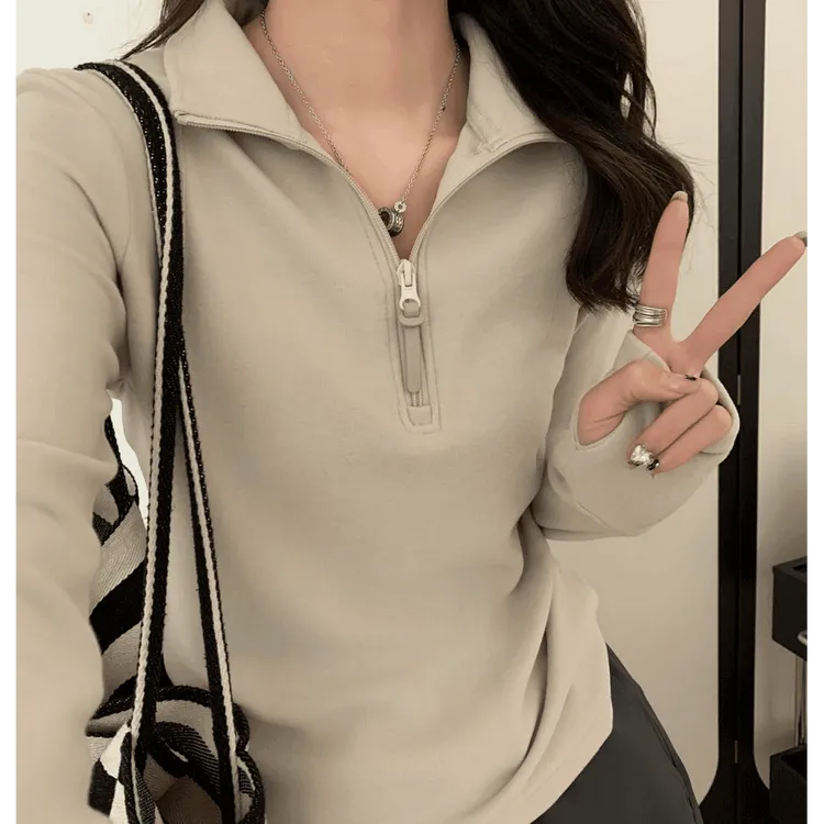 秋冬新款卫衣时尚百搭显瘦长袖德绒打底衫立领半拉链设计感上衣女