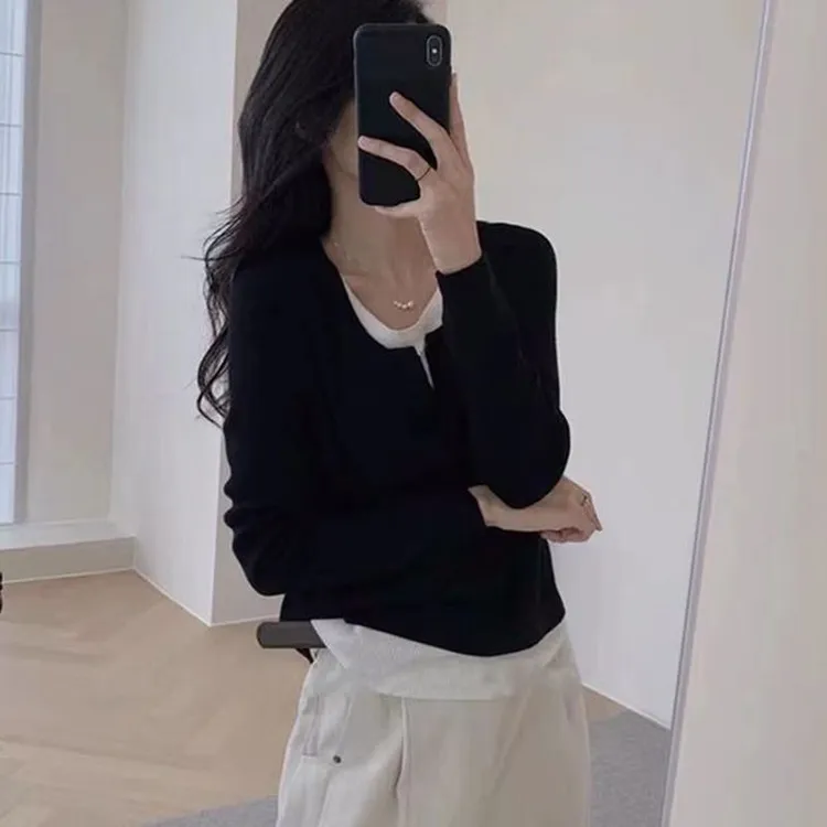 德绒秋冬新款假两件长袖T恤上衣不规则拼接修身显瘦打底衫上衣女