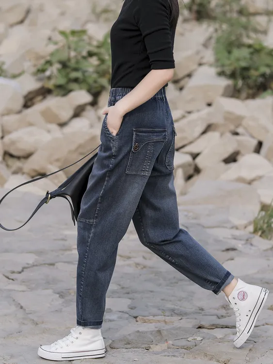 外穿牛仔裤女2025春秋休闲松紧腰弹力宽松老爹裤女显瘦百搭牛仔裤