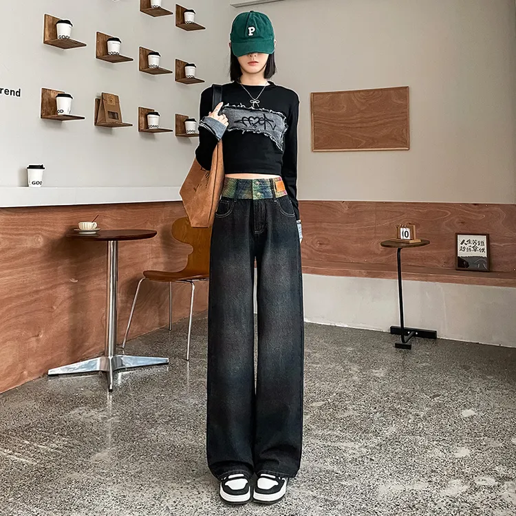 大码高腰窄版阔腿牛仔裤女2025年秋冬时尚外穿显瘦宽松垂感拖地裤