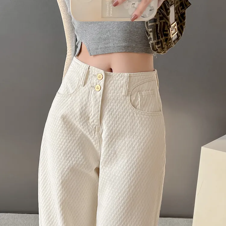 白色高腰牛仔裤子女春秋新款百搭显瘦宽松外穿直筒阔腿裤休闲裤子