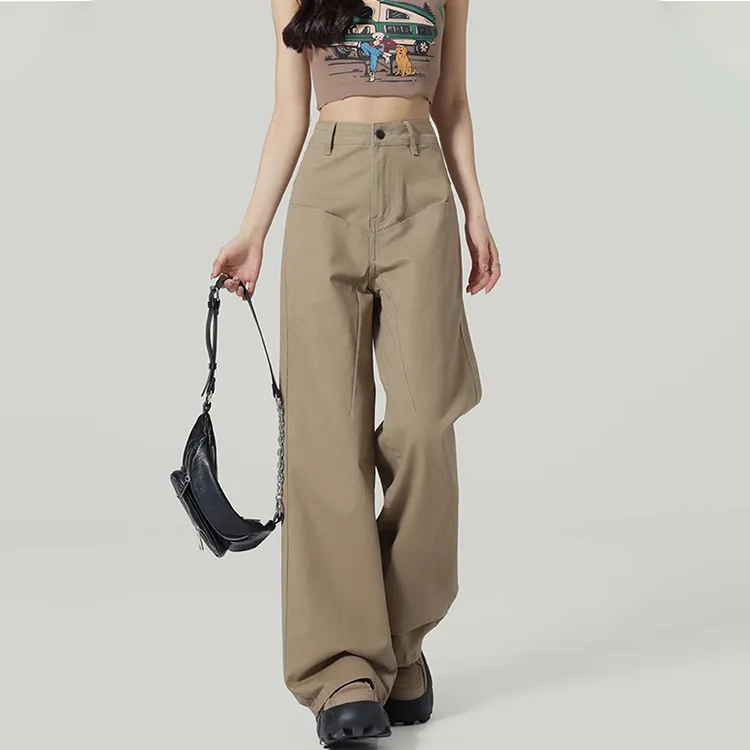 高街卡其色阔腿牛仔裤女2025年秋冬新款复古宽松直筒显瘦拖地长裤