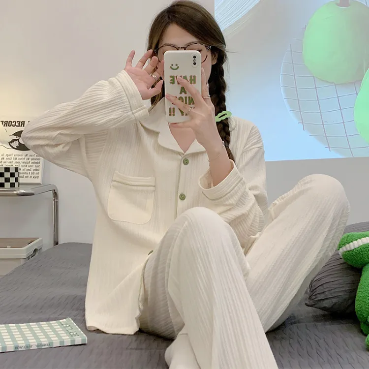 春季新款睡衣女提花棉卡通翻领开衫韩版长袖甜美家居服舒适