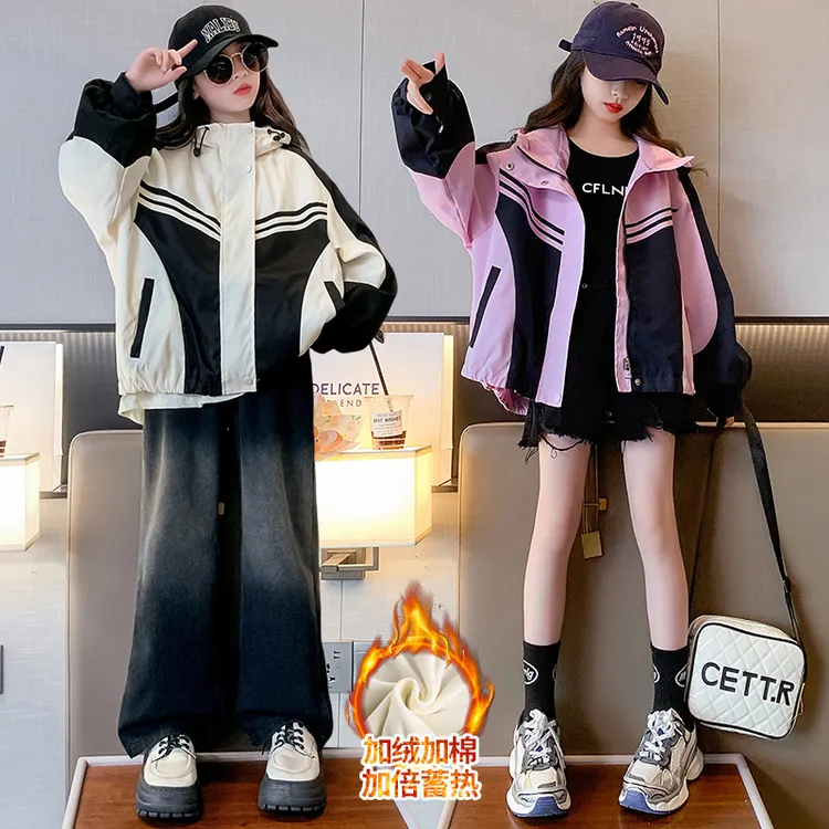 女童冲锋衣外套秋冬2023新款防风防水春秋儿童外套加绒夹棉6-12岁