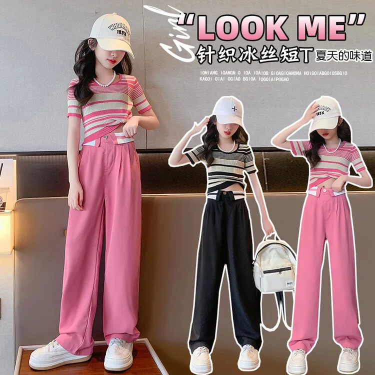 女童套装夏2024新款女大童洋气短袖冰丝网红爆款抖抖裤阔腿两件套