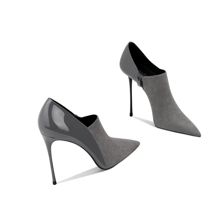 时尚英伦风软皮灰色绒面深口2025秋季新款尖头高跟鞋百搭舒适短靴