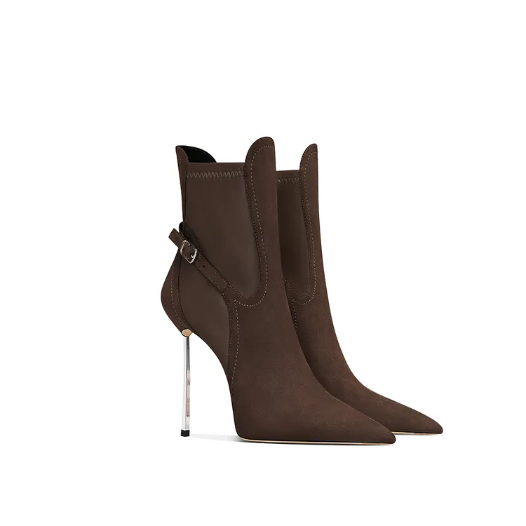 爆款2025秋冬新款高跟鞋棕色绒面中筒靴尖头细跟洋气定制弹力靴女