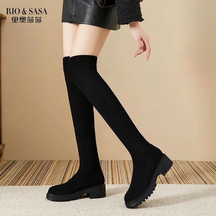 里奥莎莎2025新款秋冬过膝靴黑色显瘦加绒弹力瘦瘦靴24D03/24D09