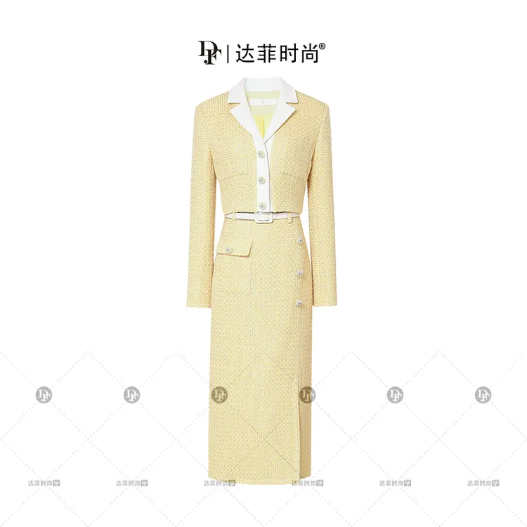 潮流-秋冬千金风粗花呢外套高腰显瘦直筒半裙套装M34354