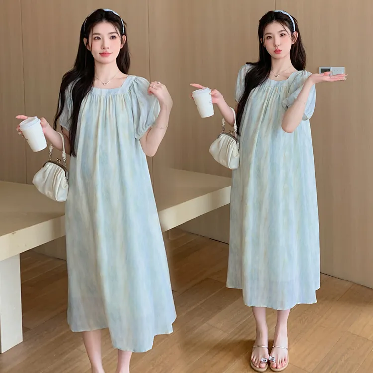 【绮芋】2024孕妈夏季方领收腰显瘦衣服宽松连衣裙法式长裙大码减龄
