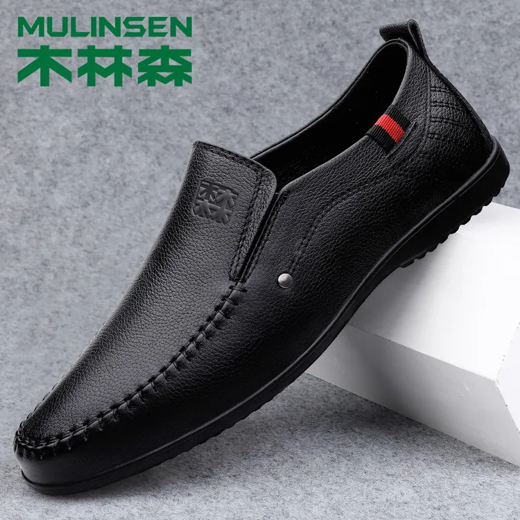 木林森男鞋正品高档春秋真皮豆豆鞋男士休闲软底一脚蹬爸爸鞋