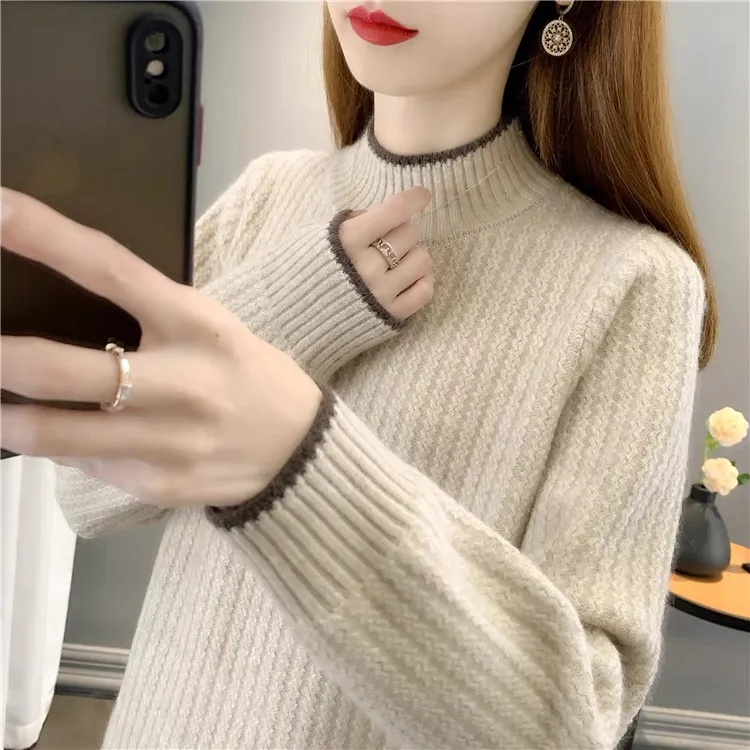 秋冬新款半高领针织打底衫加厚百搭宽松套头内搭外穿保暖红毛衣女
