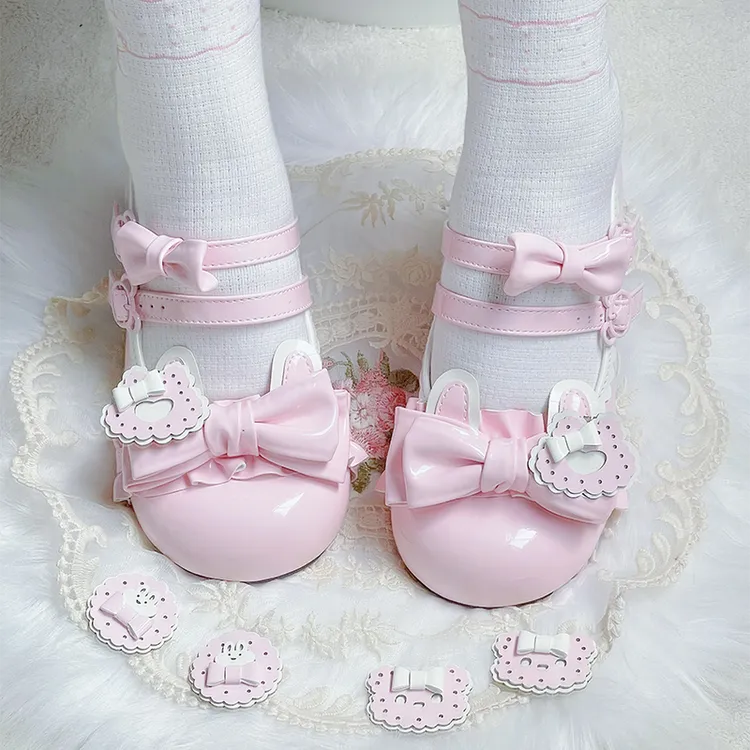 兔熊饼干心萌少女原创可爱圆头兔耳蝴蝶结萝莉低跟浅口洛丽塔Lo鞋