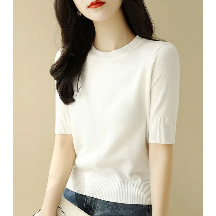 2024曲珠圆领短袖打底女修身显瘦春夏新款内搭短款衫短袖上衣小衫