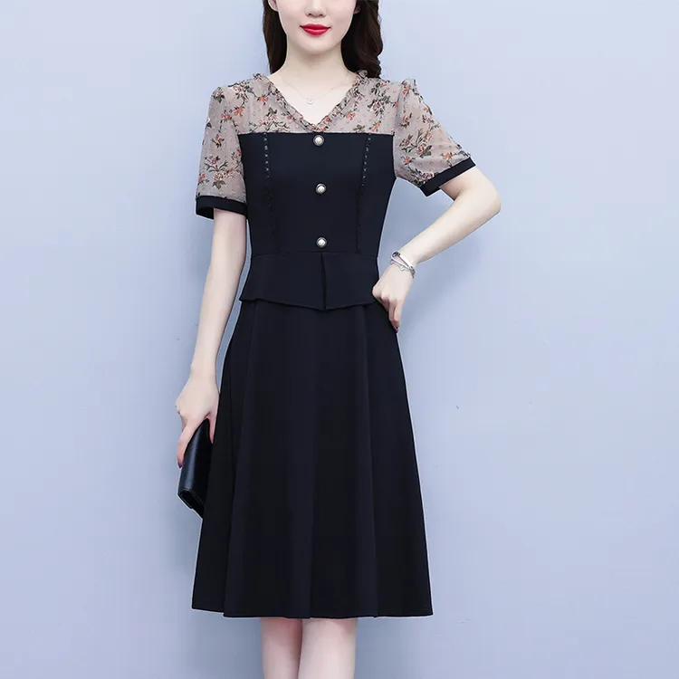 大码连衣裙2024年夏季中年简约洋气妈妈装领中长裙短袖显瘦