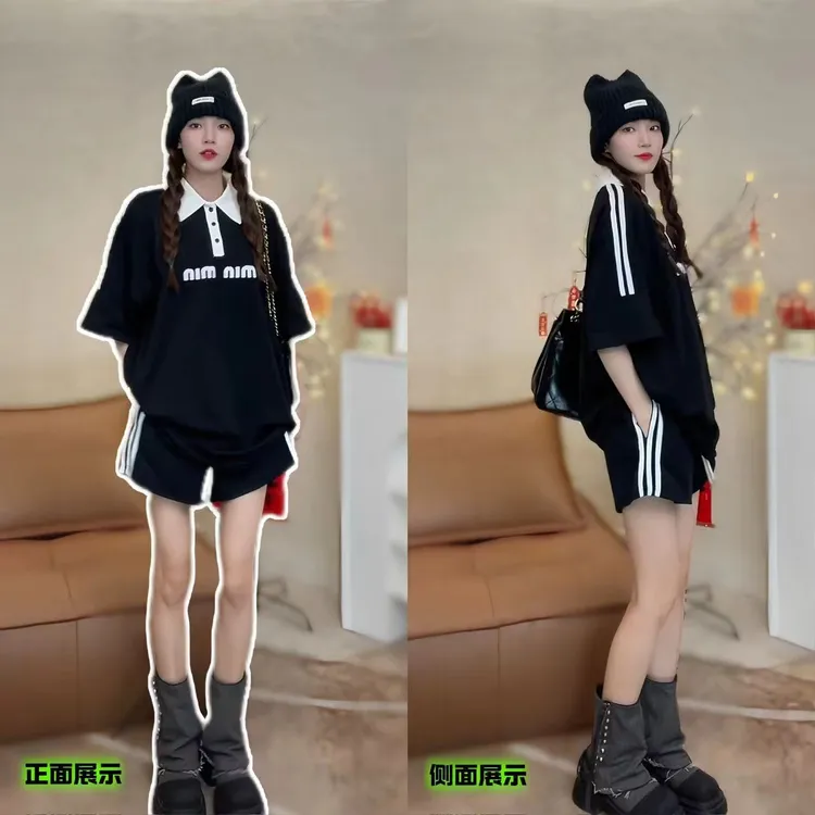 minmin方领春夏新款翻领女短袖圆领插肩上衣宽松印花夏季t恤