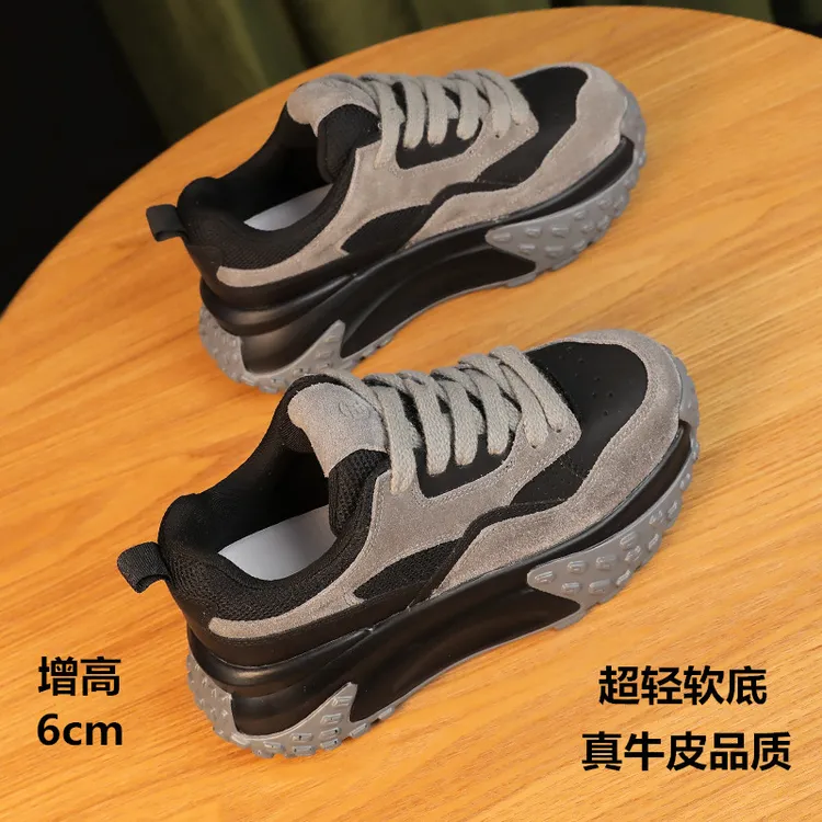 真牛皮老爹鞋女款春秋2025新款时尚厚底百搭休闲运动休闲鞋女鞋潮