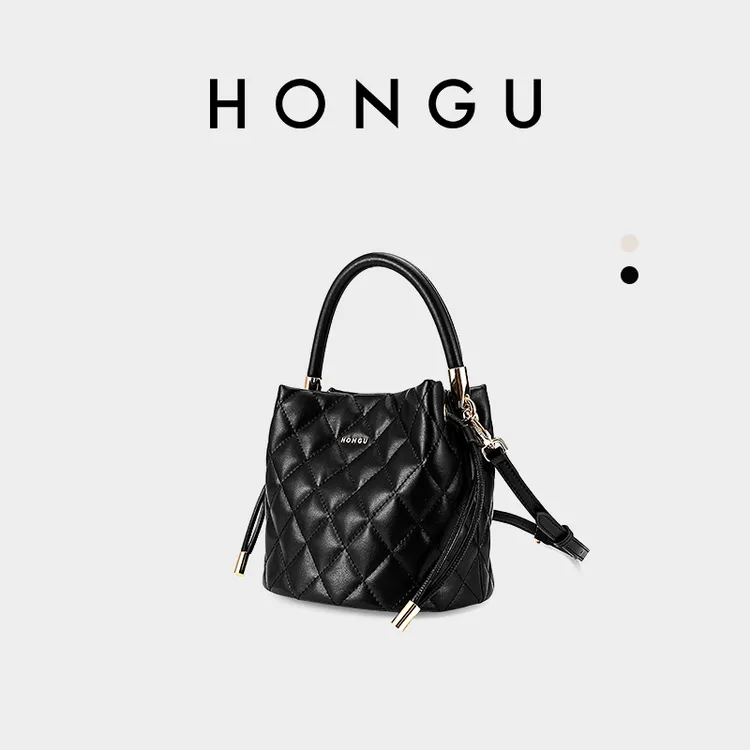 HONGU/红谷时尚新款牛皮女士经典手提水桶包流浪包单肩菱格包5718