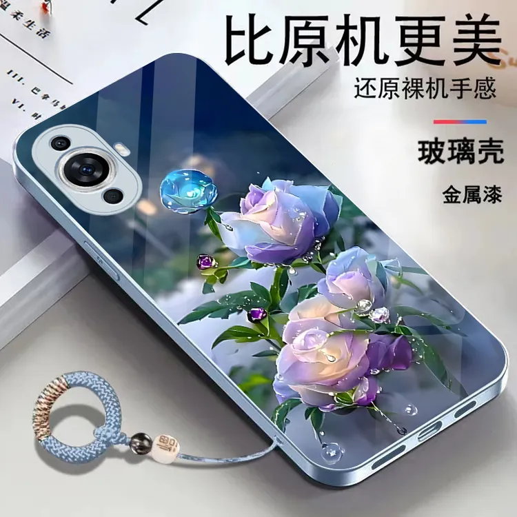 适用华为Nova11Pro金属漆玻璃花朵耐脏全包防摔挂绳手机壳
