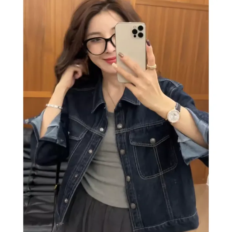 春秋新款韩版时尚洋气牛仔外套女百搭短款夹克长袖上衣潮高智淡人