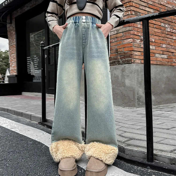 女童加绒裤子秋冬2024新款女大童洋气直筒裤冬季儿童休闲阔腿裤潮