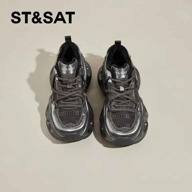 星期六水钻厚底老爹鞋2024秋冬季新款加绒透气女鞋增高运动休闲鞋