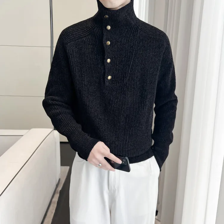 可翻高领针织毛衣男秋季新款潮流侧扣设计高级感时尚百搭毛线打底