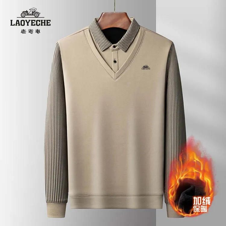 老爷车衬衫领男打底加绒加厚冬季商务爸爸装假两件高档百搭POLO衫