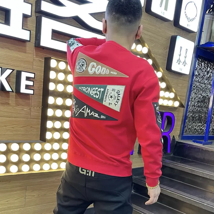 秋冬加绒保暖卫衣男款修身长袖圆领套头卫衣时尚印花休闲潮牌百搭