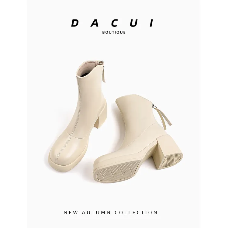 冬季2025年新款短靴女粗跟小个子瘦瘦靴白色圆头中筒靴甜酷厚底鞋