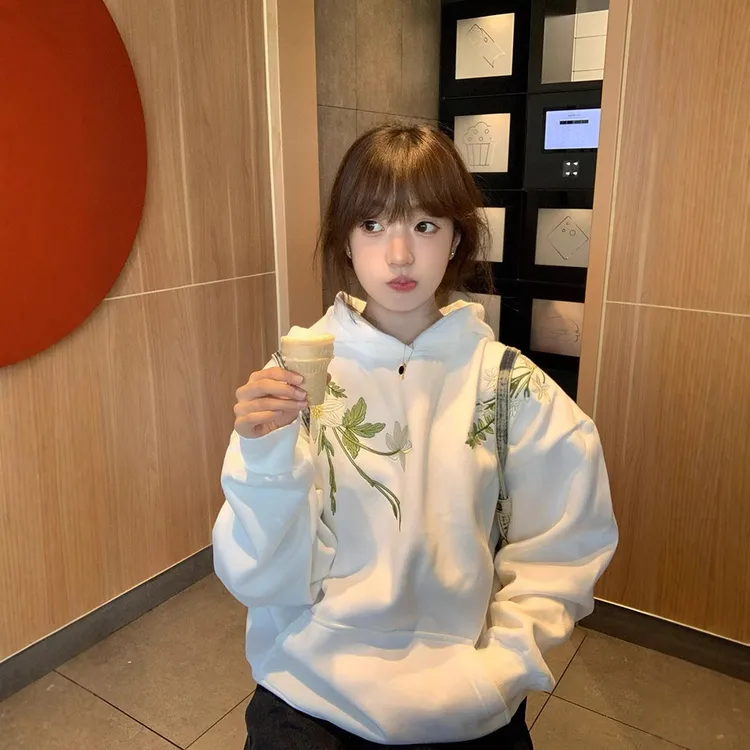 国潮新品秋冬季棉质连帽刺绣卫衣女宽松长袖白色加绒XXL