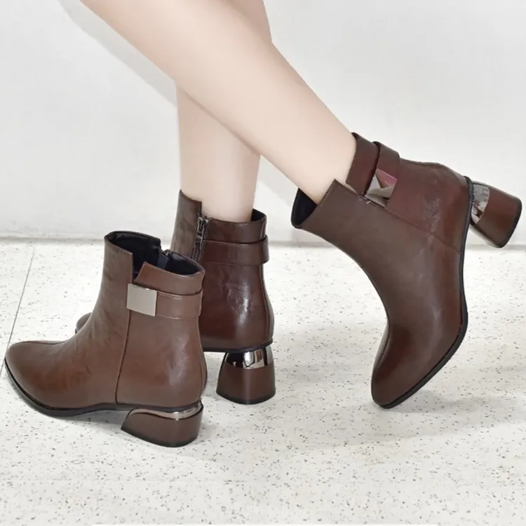 xizi/昔子 507秋冬新款粗跟加绒短靴尖头中跟马丁靴舒适百搭靴子