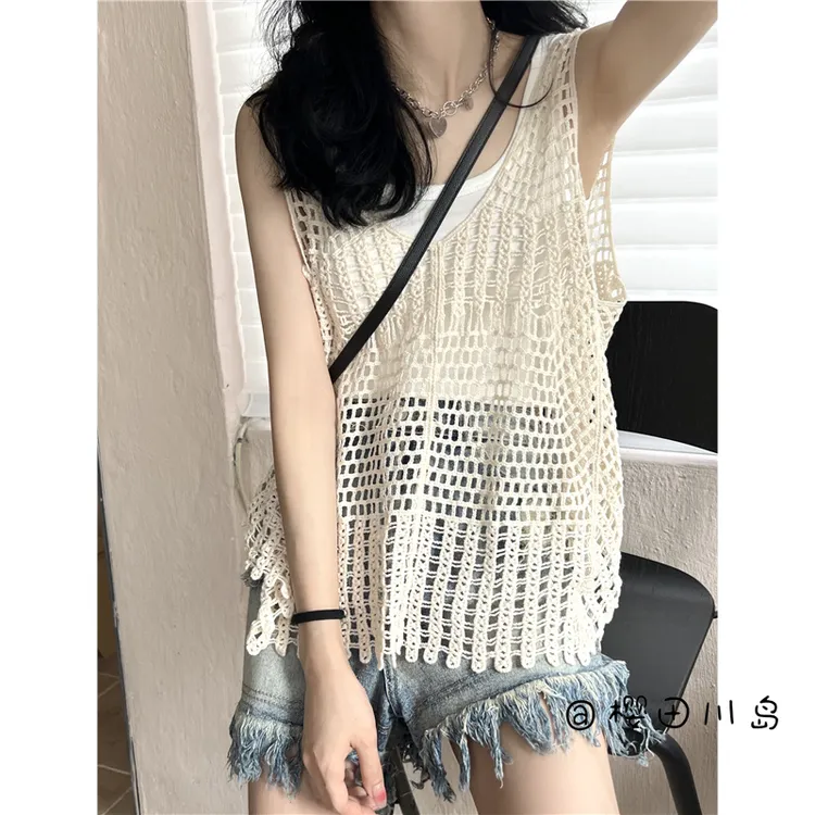 樱田川岛夏季法式镂空背心罩衫无袖上衣波西米亚民族风吊带套装女