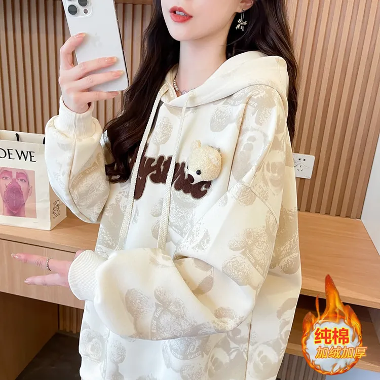 纯棉可爱小熊加绒连帽卫衣女秋冬季新爆薄厚款初高中学生外套上衣