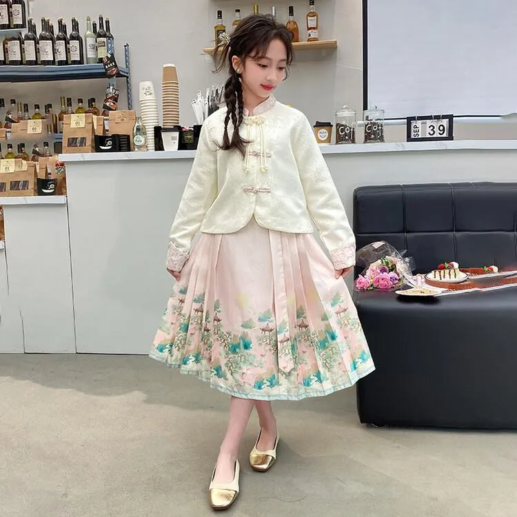 女童马面裙套装春季新款过年大童中国风春秋汉服裙女孩加厚拜年服