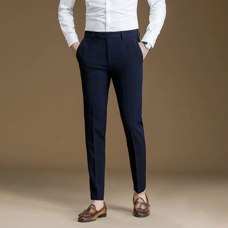 西裤男商务修身秋季藏青色西服裤韩版休闲免烫坠感小脚男士西装裤