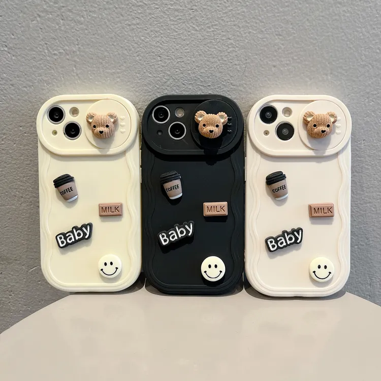 波浪推窗适用苹果15PRO咖啡小熊手机壳iPhoneXR/11全包防摔保护套