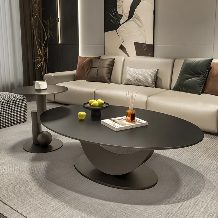 纯黑岩板椭圆形茶几轻奢现代简约小户型异形茶几客厅家用组合极简