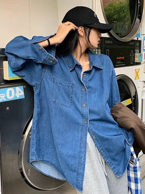 法式牛仔大码女装胖mm长袖宽松甜美可爱风格衣服女款衬衫oversize