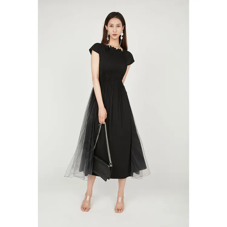 S·DEER圣迪奥夏季高端气质长裙网纱古法黑色小众连衣裙S233Z1247