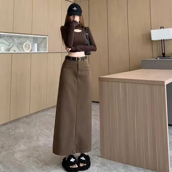 大码复古毛呢半身裙2024秋冬新款高腰显瘦假口袋直筒开叉A字长裙