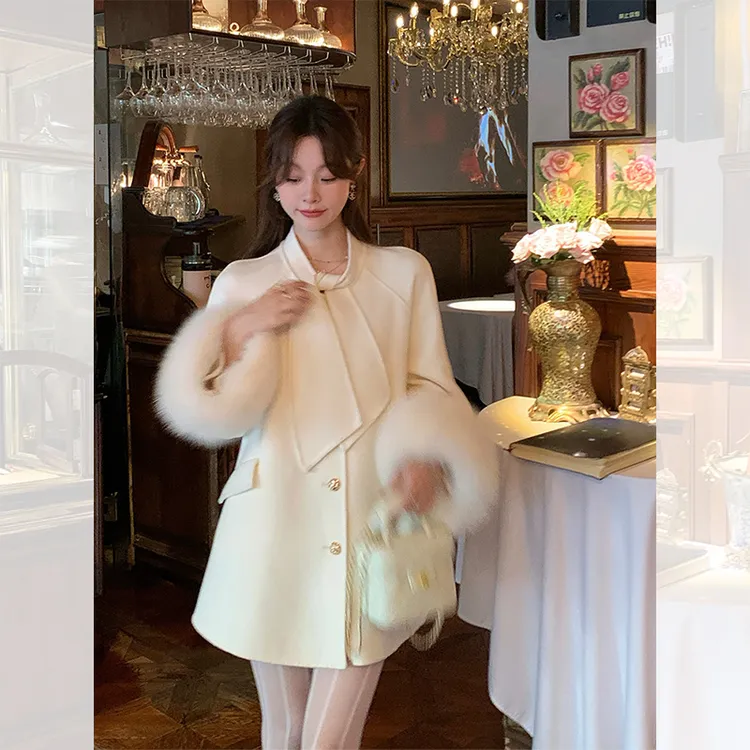 大娇「恋恋千金」气质小香风狐狸毛毛袖中长款羊毛双面呢小个子大衣
